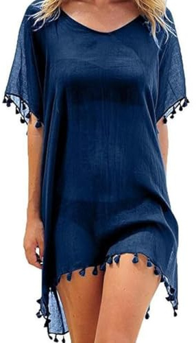 Beach Cover Ups for Women Chiffon Beachwear Tassel Bikini Cover Up V Neck Beach Dress Summer Swimwear Casual Swimsuit Bathing Suit Sarong (Navy, One Size)