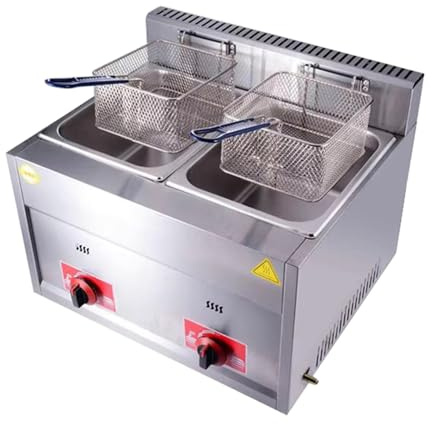 Friggitrice a Gas da 20 L, Friggitrici in Acciaio Inox con Frittura Cestello e Coperchi, Potenza di Fuoco Regolabile, Facile da Pulire, Friggitrice a Olios da Banco per Casa Commerciale (10L+10L)
