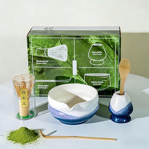 Dmnnlp 5pcs Matcha Whisk Set, Matcha Tea Set with Whisk and Bowl, Ceramic Whisk Holder, Scoop, Matcha Making Kit for Traditional Japanese Tea Ceremony (White Blue)