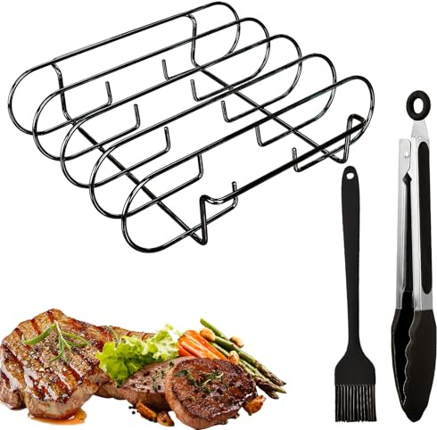 QINGZY Support Spareribs pour Barbecue, Porte-Côtes en Acier Inoxydable avec Brosse en Silicone et Pince à Barbecue, Grille à Rôtir pour Steak, Compatible BBQ Gaz, Charbon et Four, 31.5 x 26 x 7.3 cm