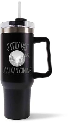 Mug Isotherme 1,2L - Je peux pas CANYONING Noir – Bouteille avec Anse, Paille et Couvercle – Idée Cadeau Gourde Personnalisée