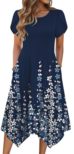 Zeagoo Dresses for Women Beach Wedding Guest Dress Ladies Summer Dresses Dress for Women Floral Midi Dress Empire Waist Sundress with Pockets Flowy Summer Dresses for Vacations Navy Floral S