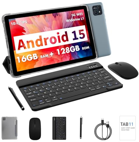 VASOUN Tablet 10 inch Tablets Android 15,16GB+128GB+1TB TF Expand,5G WiFi | Octa Core 2.0 GHz,8000mAh, 8MP + 2MP Dual Cameras,Dual Speaker,Tablet PC with Keyboard Mouse Case Stylus Grey