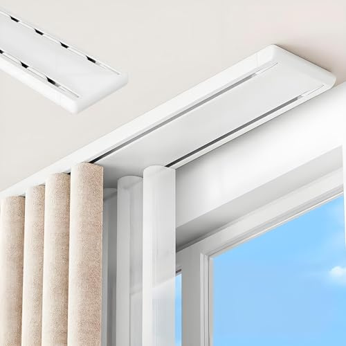 Double Curtain Track Ceiling Mount, Ceiling Curtain Rail Track, Heavy Duty Two Rail System Set for Room Divider/Bedroom/Window, Sliding, Aluminum, Black, L 100cm-420cm(Vit,160cm/5.2FT)
