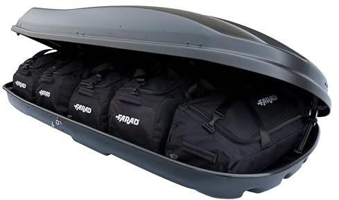 Farad Dachbox Marlin 680L Grau mit Reisetaschen, TÜV-GS-Zulassung, 5 Jahre Garantie - Zentralverriegelung an 3 Punkten mit Sicherheitsschlüsseln - UV-beständig