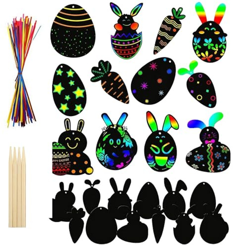 Kratzbilder Ostern,12 Stück Kratzpapier,Kinder Mitgebsel Oster,für Mitbringsel Bastelset Kratzbild,Osterparty Spielzeug Dekoration,Kleinigkeit Papier Hasen,Osterparty-Spiele,12 Bänder+4 Holzstifte