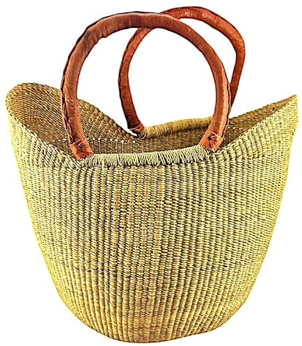 Großer Bolga Korb ca. 45 cm – Afrikanischer Einkaufskorb aus Ghana in Natürlicher Farbe mit Lederriemen – Leicht & Stabil, Handgefertigt & Fair Trade