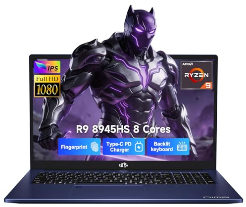 NIMO 17.3 Gaming-Laptop Ryzen 9 8945HS (Beat i9-13900H, Up to 5.2GHz) 16GB RAM, 512GB SSD, Radeon 780M, PD 100W Type-C AI-Enhanced for Copilot VR Ready, Backlit Keyboard, Fingerprint