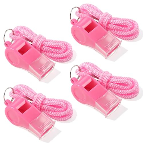Aiyorse 4 Packs Pink Whistle, Plastic Coach Whistles with Lanyard | Loud Clear Crisp Referee Whistle, Whistle Emergency for Coaches Teacher Polices Officials Sport Training Lifeguard