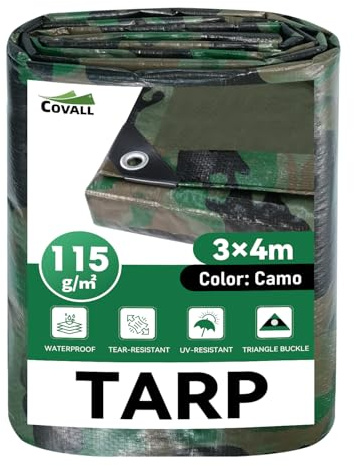 COVALL 3m x 4m Camouflage Tarpaulin Waterproof Heavy Duty, Ground Sheet | 115GSM UV & Tear Resistant Camo Tarp Cover, Reinforced Eyelets & Corners, Weatherproof, Multi-Purpose for Outdoor