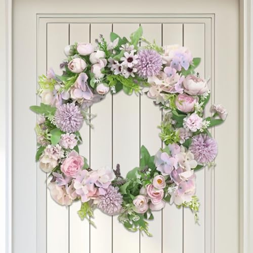 JOYWU Artificial Peony Hydrangea Floral Wreaths for Front Door,45cm Colorful Spring Flower Wreath with Luxury Peonies,Hydrangeas and Greenery,Summer Flower Door Wreath Decoration (Purple)