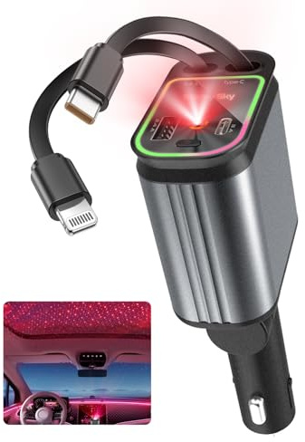 66W 4 IN 1 Zigarettenanzünder USB C Einziehbares Auto Ladegerät Adapter Auto Schnellladegerät mit Sternenhimmel LED, USB Ladekabel Car Charger für iPhone 17 Pro Max 16, Samsung Galaxy