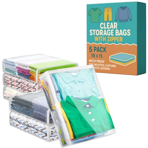 5 sacs de rangement pour vêtements, tricot, anti-mites, de couverture avec fermeture éclair, en plastique transparent, pour draps de lit, literie, couette, bébé, vêtements, vinyle, 45 x 38 x 10 cm