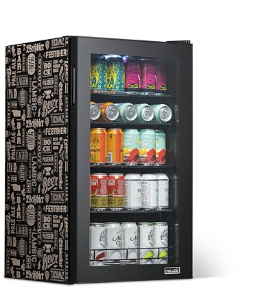 NewAir 126 Can Beverage Refrigerator | Freestanding Mini Fridge for Home Bar or Office | SplitShelf Storage, 32°F Cooling & LED Lighting | “Beers of the World” Design