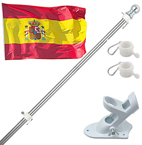 180cm Kit de Asta de Bandera de Aluminio con Soporte Asta de Bandera de Acero Inoxidable, kit de Barra de Bandera de Montaje en Pared Exterior con Anillos Giratorios, Incluye Bandera Española