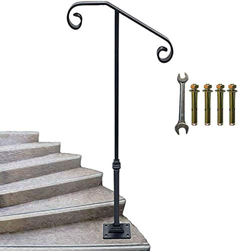 Yahpetes Pasamanos negro de hierro forjado de 38.8 x 17.5 pulgadas, 1-2 peldaños, kit de barandilla de un solo poste con placa base para exterior/interior