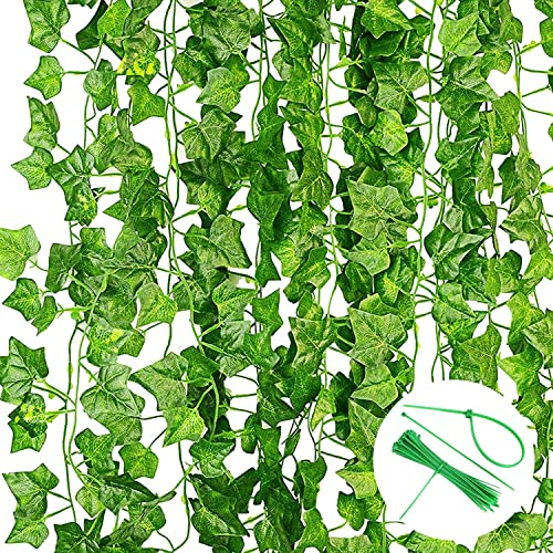 Noa Home Deco Ivy Artificial Garland, 12 Pack Fake Ivy Decorations, Green Ivy with Nylon Cable Ties, Plants Ivy Vine for Garden, Wedding, Party, Wall Decoration, 86.61inch (NHD13)