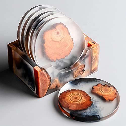 Saumo Untersetzer rund für Gläser 6er Set Ink. Halter - Design Glasuntersetzer für Getränke, Tassen, Bar, Glas - Runde Tischuntersetzer Echt - Holz/Epoxidharz Resin Dekoration