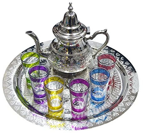 Service à thé marocain complet théière 1 000 ml plateau 40 cm 6 verres typiques cristal coloré