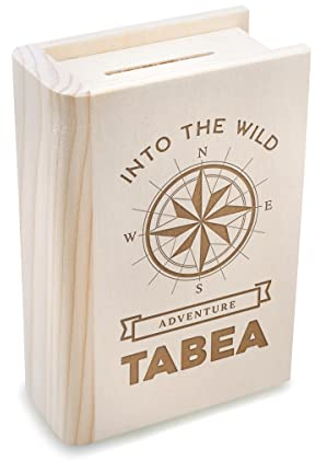 Personalisiertes Sparbuch in Buch Optik - mit Wunschgravur - Kieferholz - Naturprodukt - mit Metallschloss und Schlüssel - wiederverwendbar - für Hochzeit, Jahrestag, Trauung - Motiv Kompass