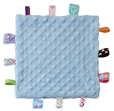 CREVENT Tag - Mantas de seguridad para bebés, suaves y pequeñas para niños, manta sensorial para bebé, gran regalo para cumpleaños, baby shower (10 x 10 pulgadas, etiqueta azul)