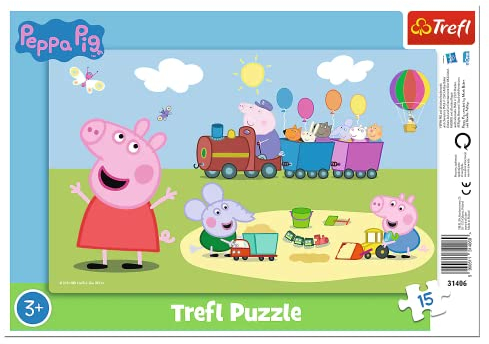 Trefl - Peppa Pig, Fröhlicher Zug - Rahmenpuzzle für Kleinkinder, 15 große Teile, Rahmen und starres Pad, mit Peppa Pig Märchenfiguren, für Kinder ab 3 Jahren