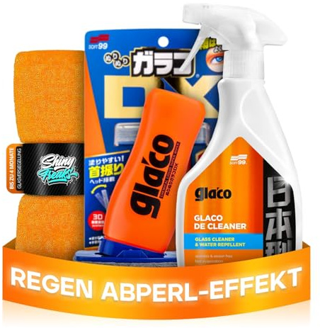 Glasversiegelung Set: Soft99 Glaco DX (110ml) Scheibenversiegelung Auto + Soft99 Glaco De Cleaner (500ml) Glasreiniger - Regenabweiser mit Abperleffekt für verbesserte Sicht bei Regen | 3-teilig