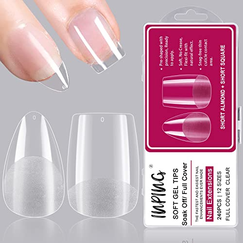INPING Soft Gel Nail Tips, Almond & Square 240PCS Clear, 12 Sizes | Pre-Shaped Break Resistant False Nails, Full Cover for Gel Extensions, Girls Women Home DIY & Salon Use
