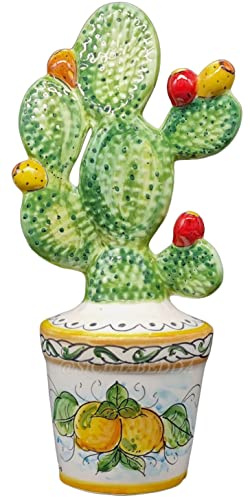 sicilia bedda - Pianta Ficodindia in Ceramica di Caltagirone - Prodotto realizzato a Mano - Decoro Fantasia Siciliana (Altezza 35 Centimetri - Verde)