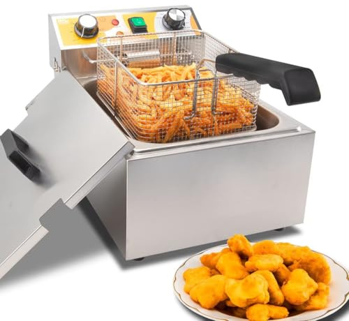 Festa Essential 13.6QT Electric Deep Fryer with 6L(6.5QT)Frying Basket&Lid,1750W Stainless Steel Commercial Countertop Single Tank Oil Fryers with Temperature Control&Timer for Home Kitchen Restaurant