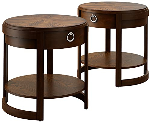 2PCS Table d'appoint latérale Ronde avec étagère à tiroir Accents Classiques Table de Chevet Noyer (D 24X24X24.5)