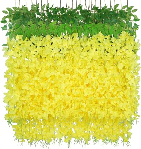Estanofur State 12 PCS Wisteria künstliche Glyzinien kunstblumen Girlande Kunststoff-Rebe aus Glyzinie, 110 cm Länge, geeignet für Girlande Hochzeit（Gelb）