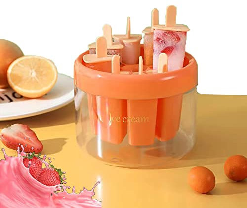Molde para Helados, Moldes para Polos,Molde Para Paletas De Hielo Reutilizable Molde para Hacer Paletas,Molde Helado con 8 Molde Polos de Hielo y Palos para Niños y Adultos (Naranja)