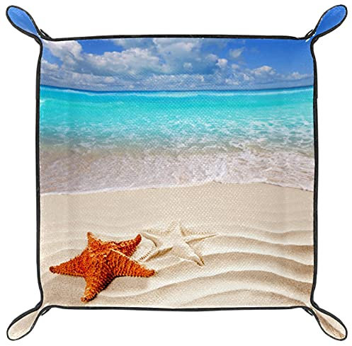 Leder-Valet-Tablett, Schlüssel- und Schmucktablett,Strand seestern Sand Meer,Schreibtisch-Organizer,Kommode,Tablett,Aufbewahrungsbox für Tisch