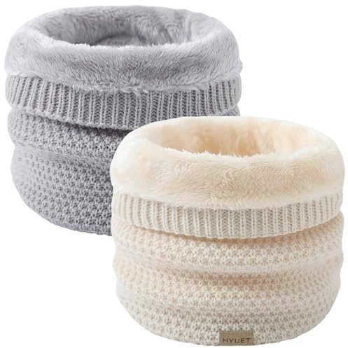HYUET 2 Pack Cache-Cou Hiver Écharpe Circulaire Tricotée Tour de Cou Col Épaisse Cache Cou Doublée Tube Écharpe Polaire Doux Hommes Femmes Hive,Gris foncé+Blanc,taille unique