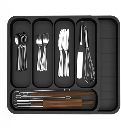 Cutlery Drawer Organiser, Extendable Kitchen Drawer Organiser Storage Trays, Compact Plastic Cutlery Tray for Knives, Forks and Spoons, Large (Black)