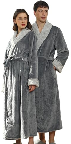 BERDITH Badrock dam fluffig lång, badrock herr fleece, badrock dam stora storlekar, unisex badrock set för par, morgonrock dam och herr med långt bälte, Grå (1 styck), XL