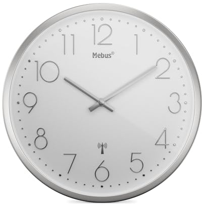 Mebus Funkwanduhr TinyTime | Wanduhr ohne Tickgeräusche | Durchmesser 25 cm | Modernes Zifferblatt in Weiß | Silbernes Gehäuse