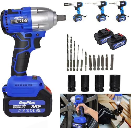 Clé à Chocs Sans Fil Brushless pour Réparation de Voiture, 420Nm Boulonneuse Electrique avec 2x Batteries 6,0Ah 21V, Pistolet à Écrou de Roue, Clé Électrique avec 4 Douilles+12 Embouts de Pilote, Bleu