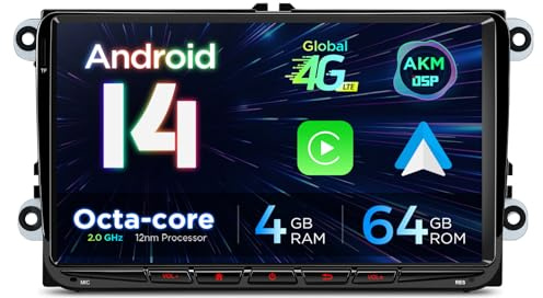 XTRONS 9 Zoll IPS Android 14 Autoradio Car Stereo Multimedia Player Octa Core 4+64GB für VW SKODA SEAT Eingebautes 4G LTE Car Play Android Auto AKM DSP GPS Bluetooth 5.0 WIFI Optional DAB OBD TPMS DVR