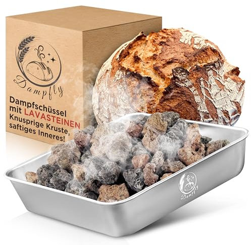 Dampfschüssel Lavastein-Backofen-Set: Perfektes Brot backen mit Wasserdampf – Knuspriges Brot & Gebäck wie vom Profi Bäcker (Silber)