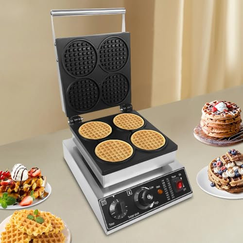 Piastra per waffle da 1750 W, per 4 cialde belghe, antiaderente, 50 ~ 300 °C, macchina per waffle commerciali, 30 x 36 x 24,5 cm