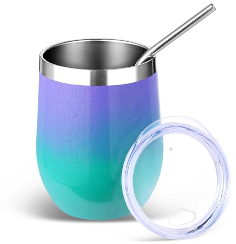 Volhoply 12oz Stainless Steel Wine Tumbler with Lid and Straw,350ml Double Wall Vacuum Insulated Stemless Wine Glasses,Travel Coffee Mug for Cold Drinks,Tumblers Gifts for Women（Purple Green,1 Set）