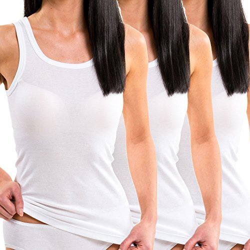 HERMKO Lot de 3 t-shirts longs 1325 pour femme - Coton bio - Haut long basique - Certifié Öko-Tex - Col carré - Blanc, noir, violet/gris - Taille XL ou plus - Débardeur sans manches