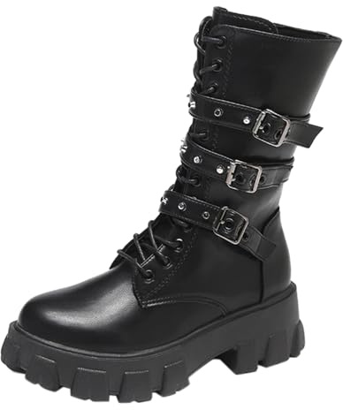 Plateau Stiefel Damen Gothic Punk - Schnürstiefel Mit Blockabsatz Profilsohle Schnalle Springerstiefel Rockig Biker-Stiefeletten Halbschaft Lederstiefel Motorradstiefel Chukka Boots