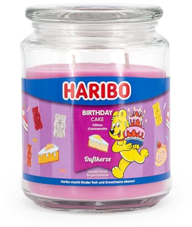 Haribo Duftkerze im Glas | Birthday Cake 510g | Duftkerze Süß | 100h Brenndauer | 2 Dochte | Geschenkidee für Frauen | Kerze für Geburtstage