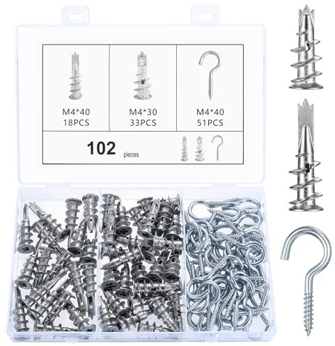 102 Tasselli Autofilettante per Cartongesso: 51 Tasselli per Cartongesso M4 e 51 Ganci a Vite per Legno, Tassello Autofilettante in Metallo, Ganci Avvitabili Ganci a Tazza per Impieghi Gravosi