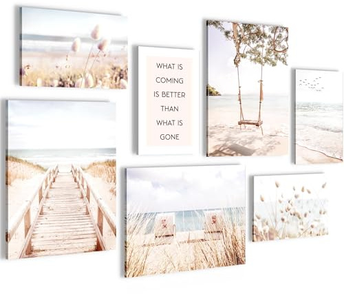 Novart Tableaux de plage mer bohème - COMPLÈTEMENT PRÊTS À ÊTRE HANGUES - Beige pour salon, chambre, couloir - 7 images modernes et bohèmes - N038171a