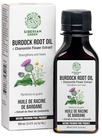 Siberian Green Burdock Oil with Chamomile Extract – 100ml Burdock Root Oil for Hair Growth, Hair Thinning and Loss – Pure and Natural Siberian Herbs – Strengthening and Healing Hair Care