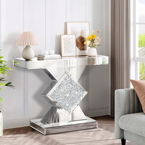 GA Home Silberner verspiegelter Konsolentisch mit zerkleinertem Diamant-Lnlay, 81,3 cm langer Eingangssofatisch, glänzender schmaler Tisch für Wohnzimmer, Flur, Foyer, Eingang